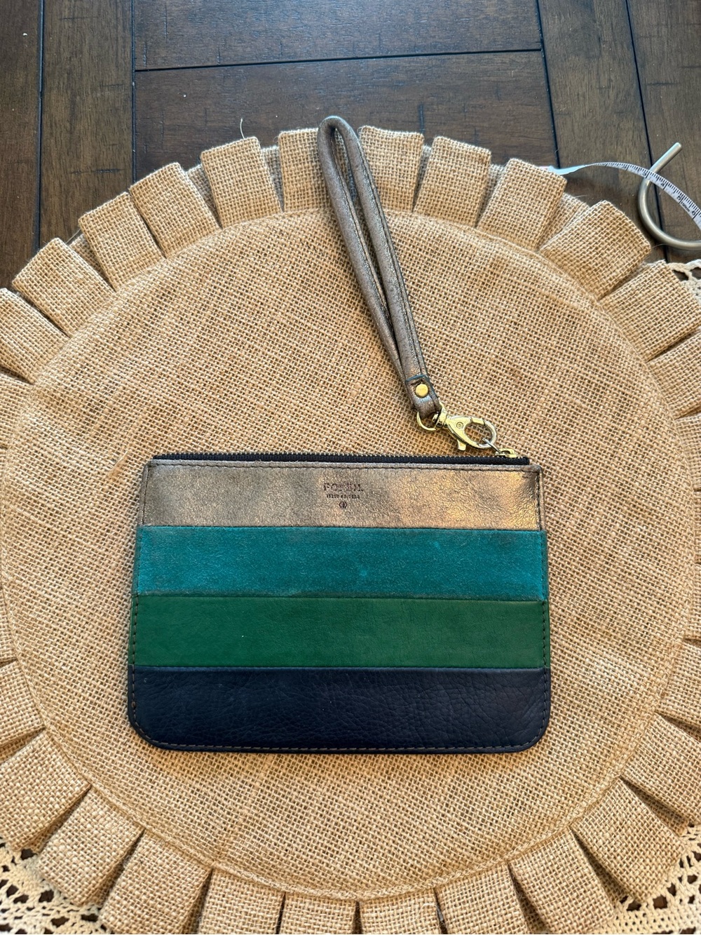 Fossil Metallic Gold Leather Wristlet with Teal, Green & Black Stripes